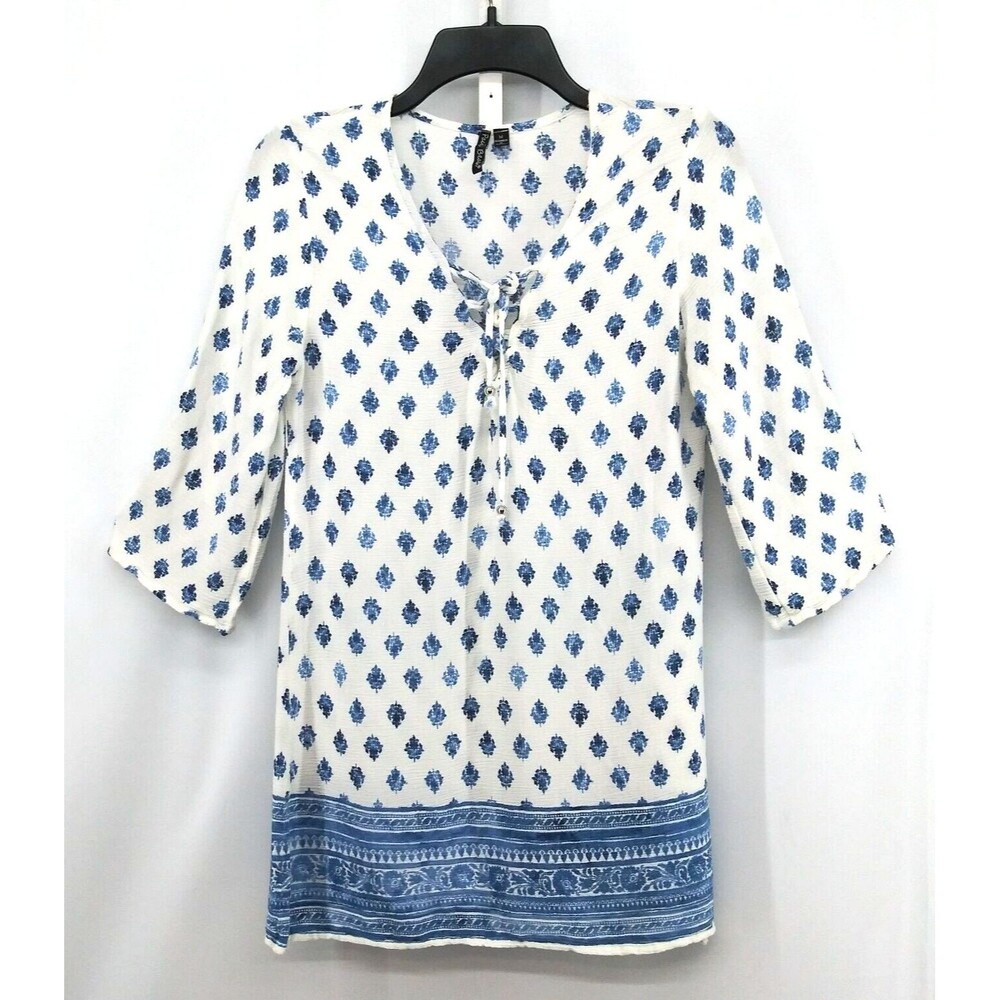 Pacific Beach Shirt Womens Size M White Blue 3/4 Sleeve V-Neck Blouse Top